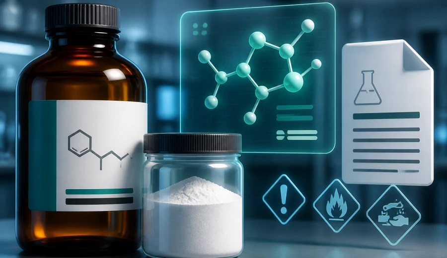 Materials management visual with lab inventory, molecule data, documents, and hazard context