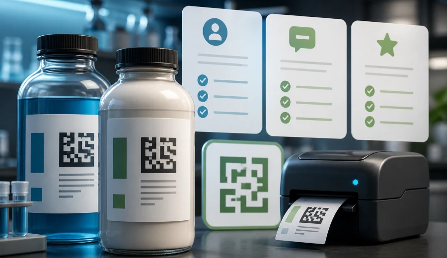 Sample Tracking visual with labeled sample bottles, tracking timeline, label generation, and feedback forms