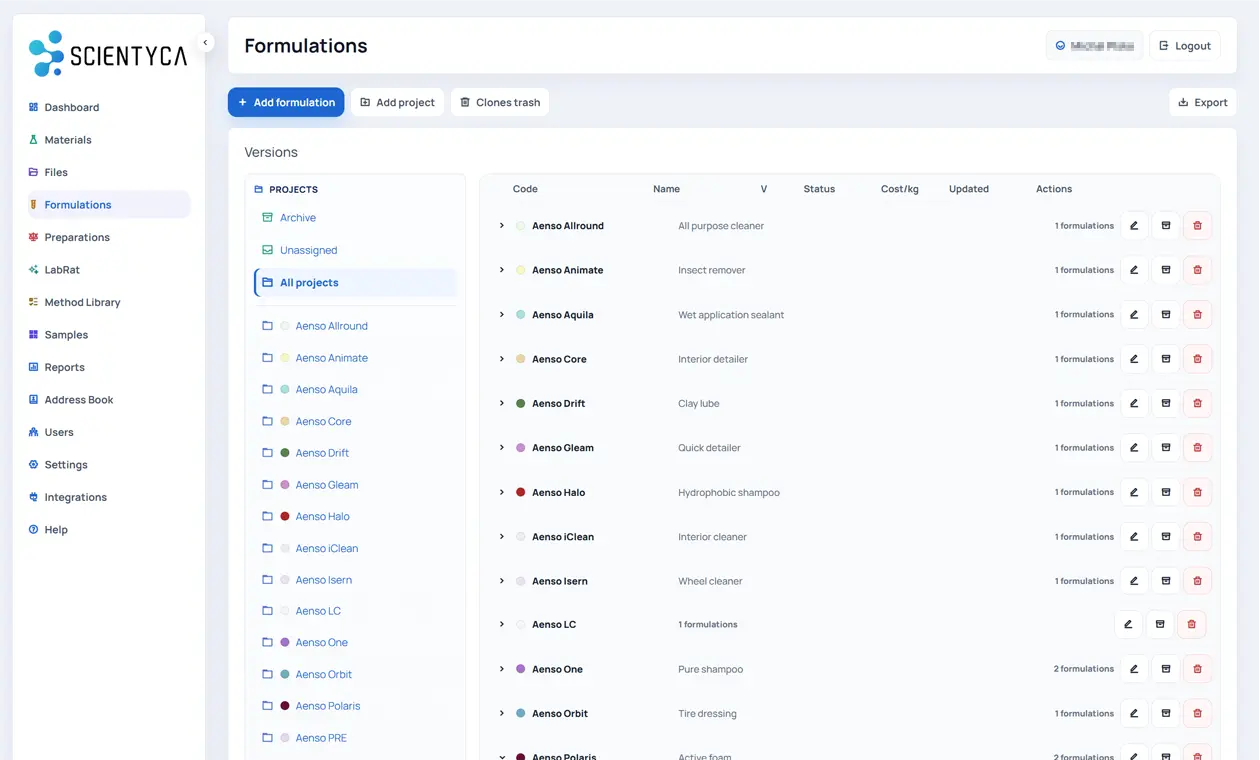 SCIENTYCA formulations module screenshot with projects, formulation versions, statuses, and actions