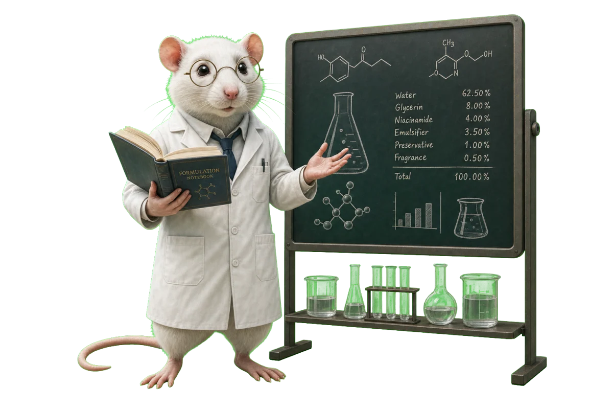 LabRat explaining formulation research with a book and chalkboard