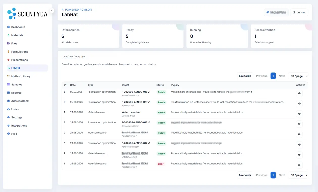 SCIENTYCA LabRat screenshot with AI research runs, formulation optimization, material research, and statuses