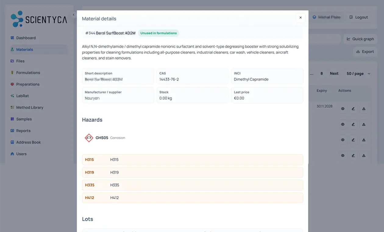 SCIENTYCA material detail screenshot with CAS, INCI, supplier, stock, hazards, and LOT data