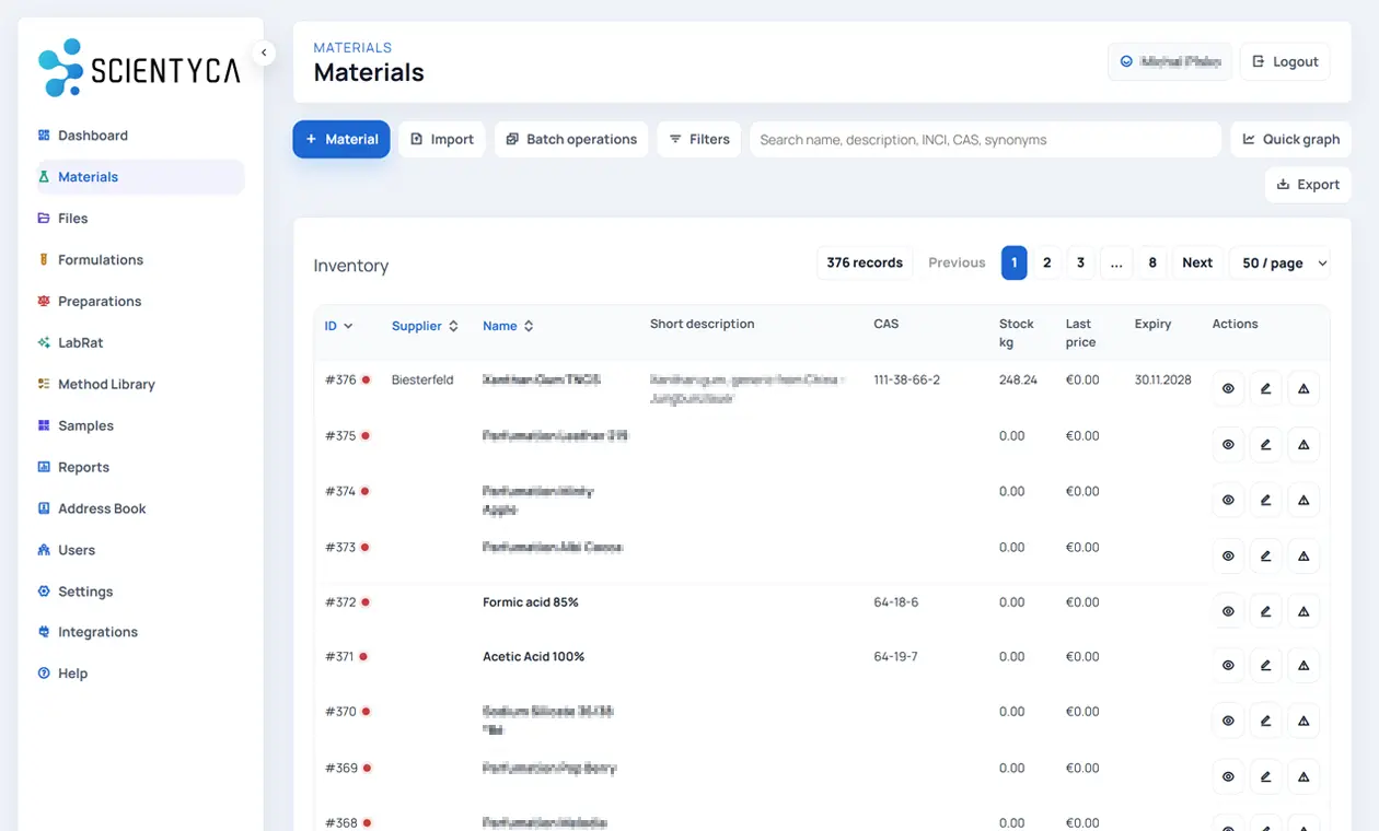 SCIENTYCA materials inventory screenshot with supplier, CAS, stock, expiry, and quick actions