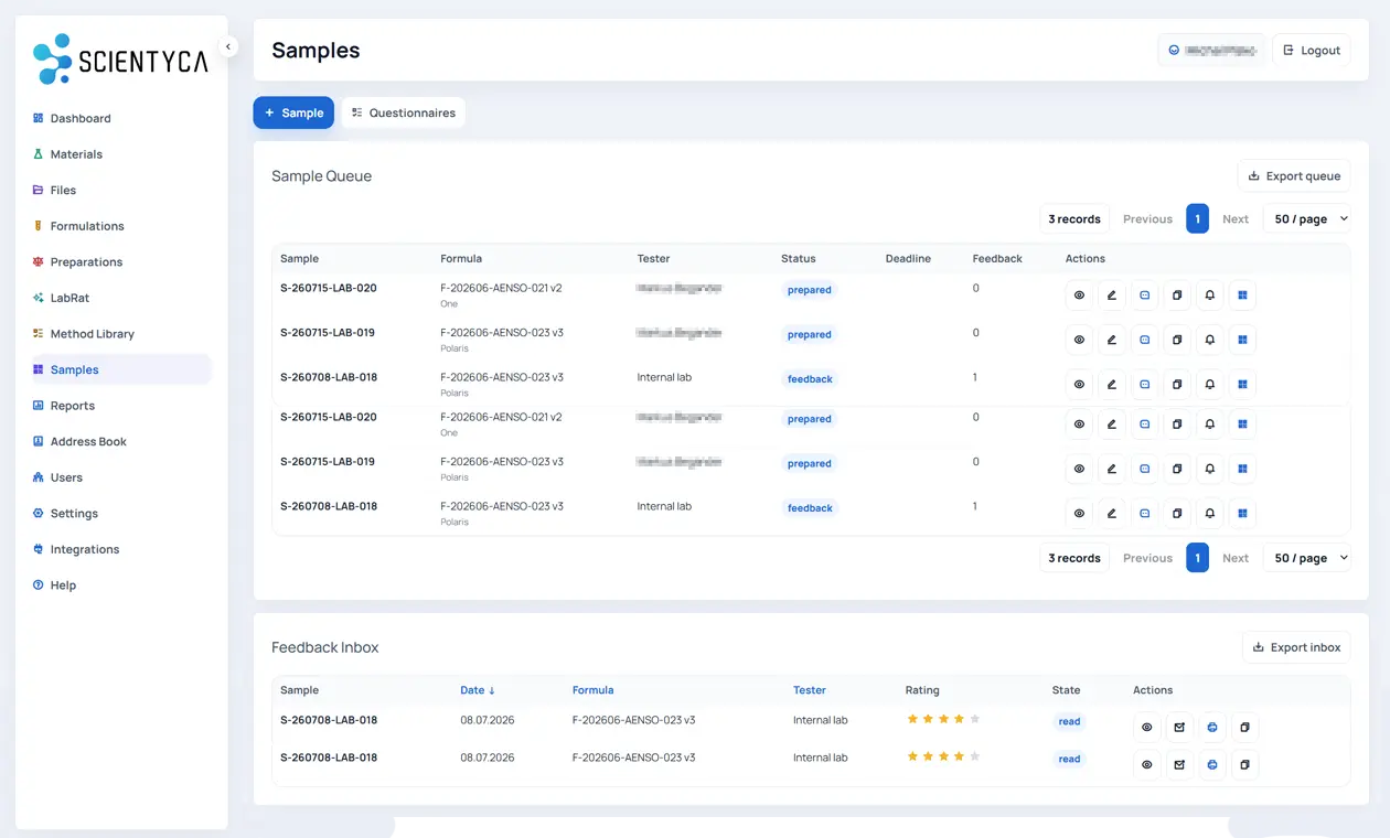 SCIENTYCA sample tracking screenshot with queue, tester feedback, labels, and status actions